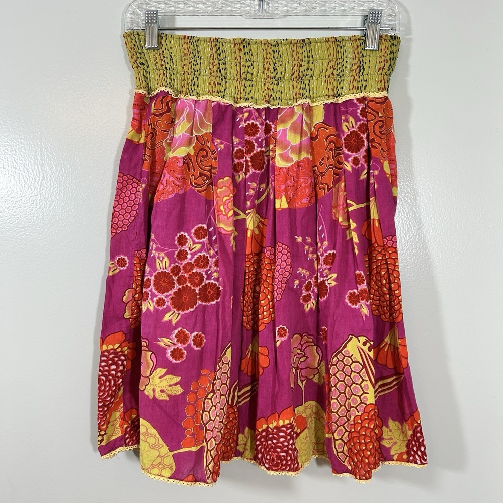 Karma Living Floral Cotton Skirt Hot  Pink S/M Boho Hippy Smocked Waist